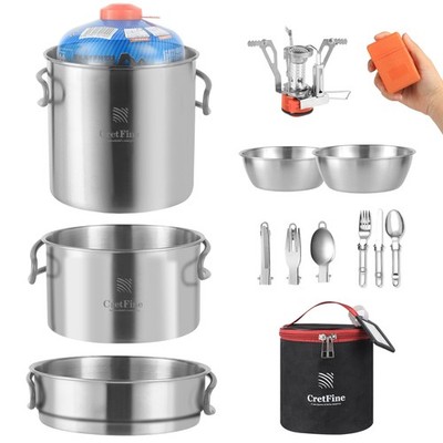 Backpacking Cooking Set Mini Stove Stainless Steel Cookware Bag 12 Person