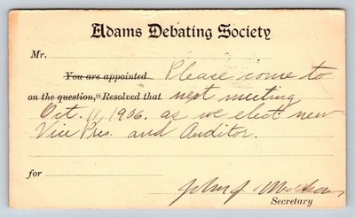 1906 Adams Debating Society Meeting Notice Postal Card Worcester MA McKinley