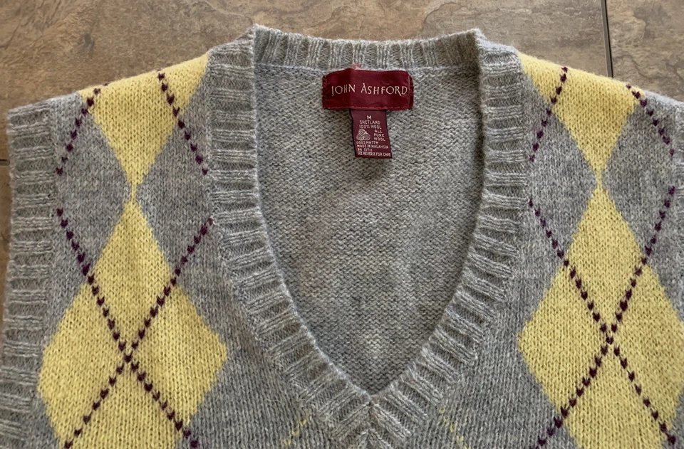 Chaleco Suéter Vintage John Ashford Para Hombres Mediano 100% Lana Shetland Gris Argyle Foto 4 de 4