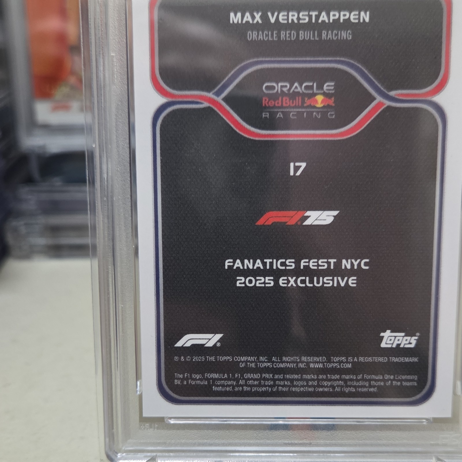 Topps 2025 F1 FFNYC Max Verstappen #17 NY Slice Orange 12/25 PSA 9 view 12