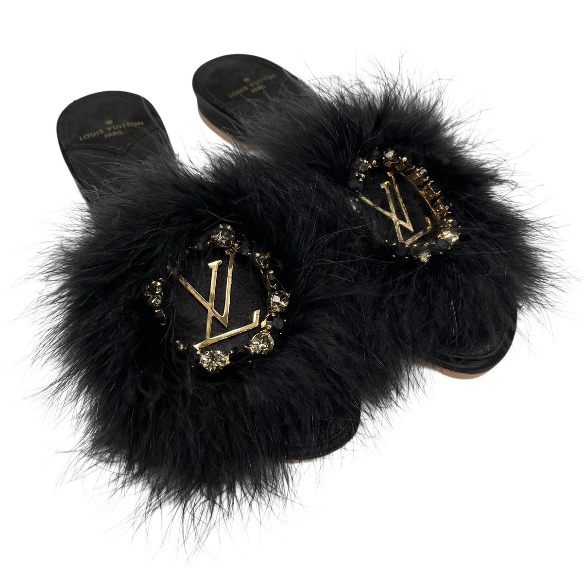 LOUIS VUITTON LV Bijou Logo Fur Flat Sandals #36 Rhinestone Black