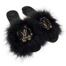 LOUIS VUITTON LV Bijou Logo Fur Flat Sandals 36 Rhinestone Black Gold Satin