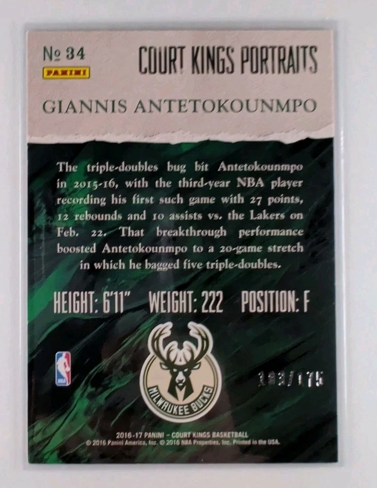 2016-17 Panini Court Kings Portraits /175 Giannis Antetokounmpo #34 - Image 2 of 3