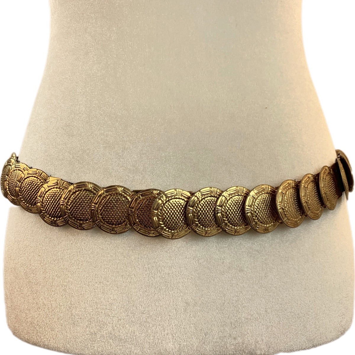 Vintage 80s Gold Disc Stretch Belt Made in USA Metallic Coin 
