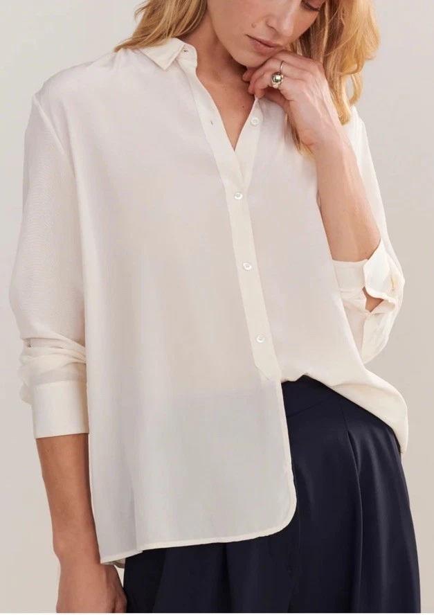 Blusa Vince Crema Botón Frontal 100% Seda Talla L~Estilosa Foto 2 de 4