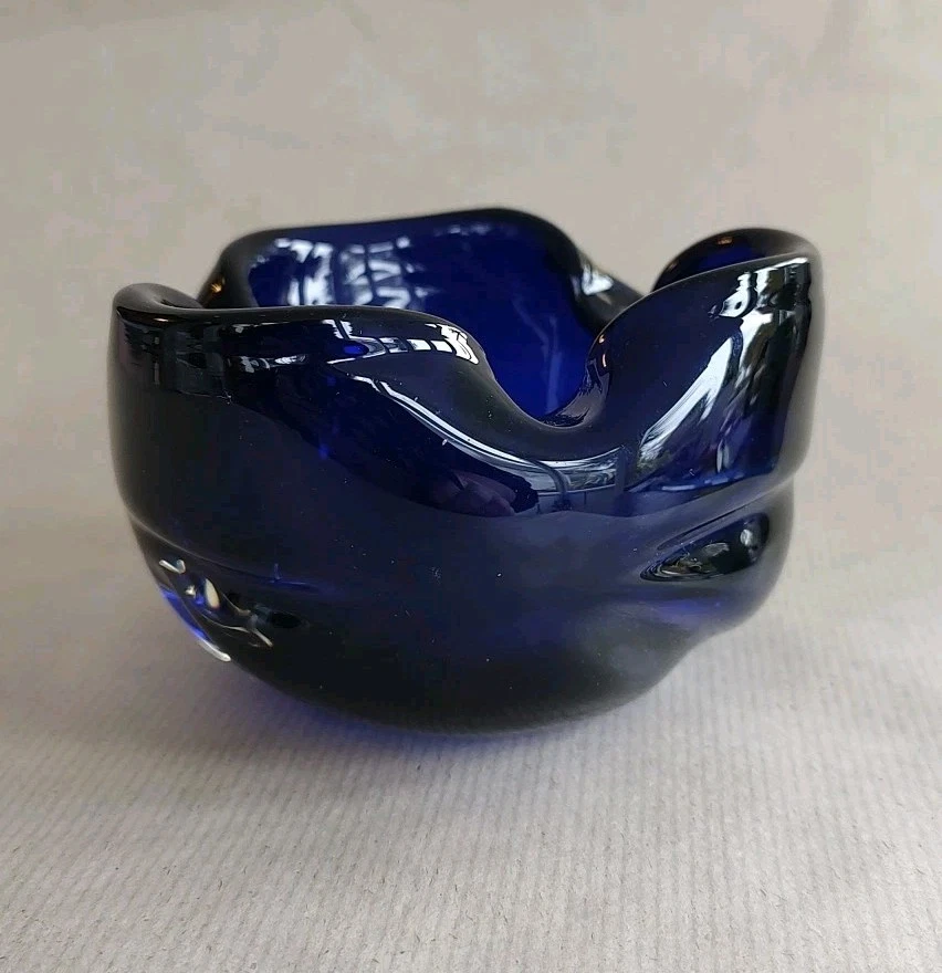 Czech Cobalt Blue Cased In Clear Biomorphic Glass Bowl 3" Tall - Image 3 of 4