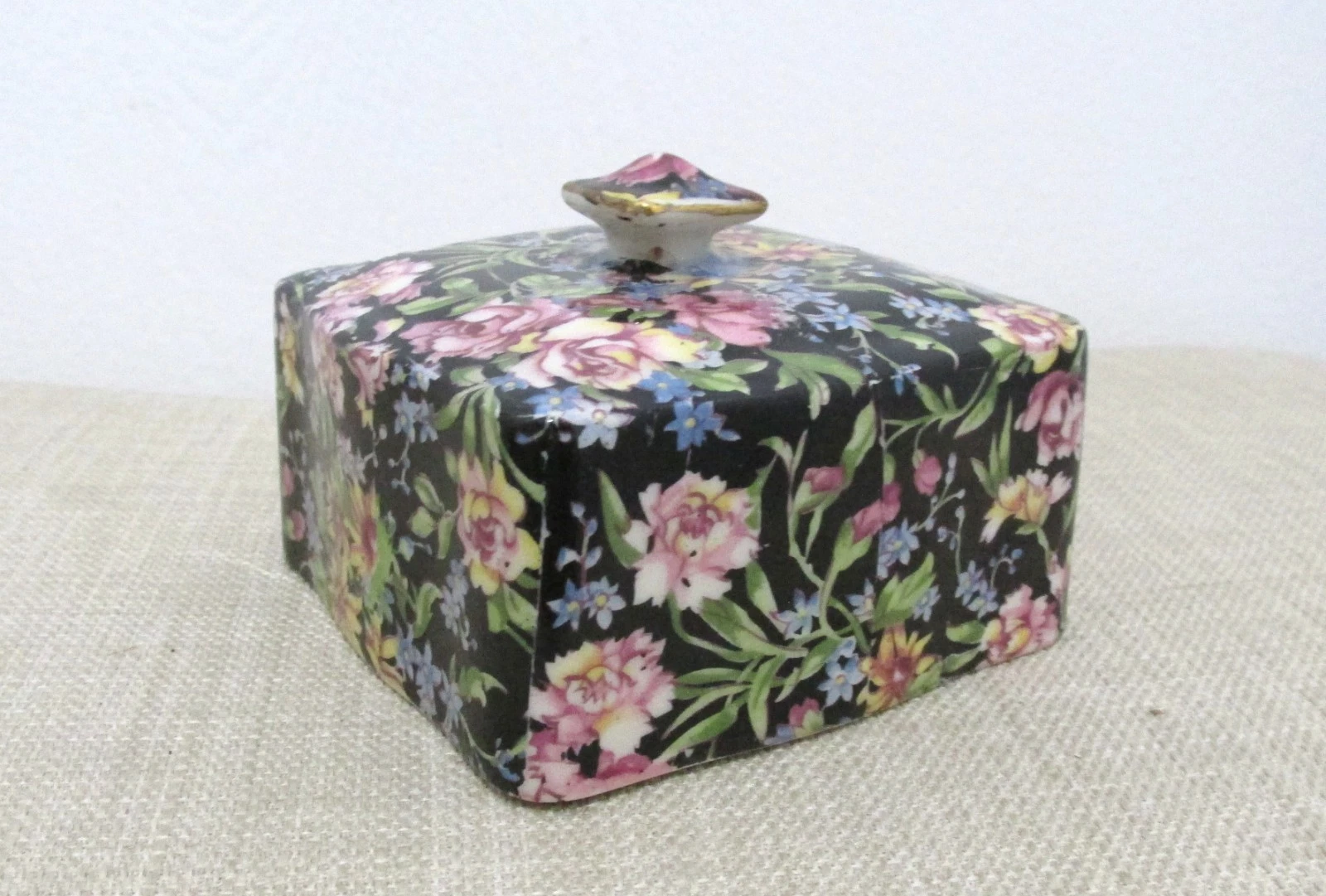 Vintage Square Black with Floral Chintz Butter Soft Cheese Dish Lid Cover Only