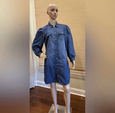 Women's Blue Stylish denim button-up dress with long sleeves. Size M