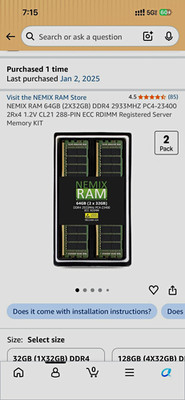 (RDIMM) NEMIX RAM 64GB (2x32GB) PC4-23400 DDR4-2933 ECC Registered 288-Pin RDIMM