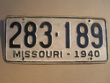 1940 Missouri License Plate  - Nice Original Condition -  283 189