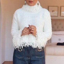 Zara Ecru Fringed Knit Jumper Size S M Ref 4737/102/712