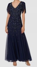 Adrianna Papell Women's Blue Beaded Petal-Sleeve Mermaid Gown Dress Size 12