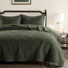 Velvet King Size Quilt Set - Olive Green Striped Soft Lightweight Bedspread, Dar