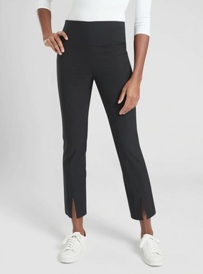 ATHLETA Wander Slim Straight Crop Pants Womens 8 Black Back Zip Front Slit Hem