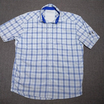 Men's Under Armour Fishing Tide Chaser 2.0 Short Sleeve Button Up Blue Plaid L