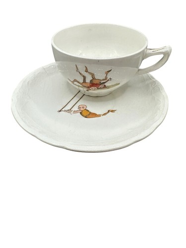 Antique Palmer Cox Brownie Cup Saucer China Porcelain Taylor Smith Child Tea VTG