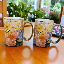 Rifle Paper Co. Pair of Floral Marguerite Porcelain Coffee Mugs 2 Cups