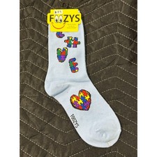 Foozys Crew Socks Women 9-11 Blue NWT Puzzle Piece Heart Awareness Novelty