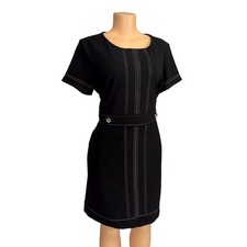 Tommy Hilfiger Womens Black Stitch Sheath Dress Short Sleeve Gold Accent Size 14