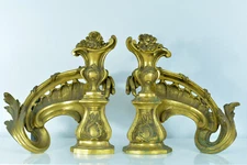 Antique Fire Dogs Louis XV Rocaille Vase Gilded Bronze