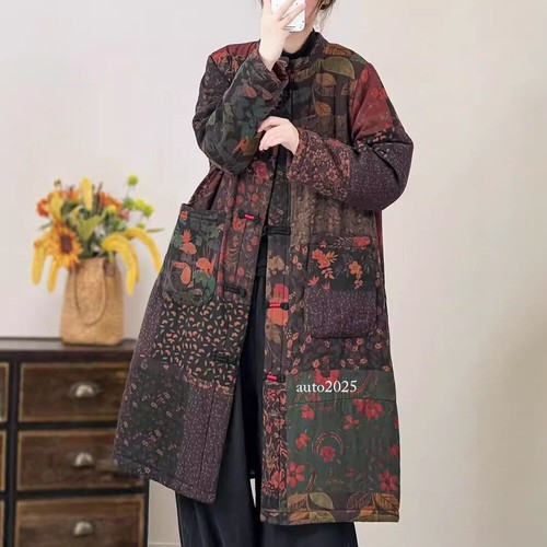 Retro Printing Cotton-Padded Women Long Coats Loose Chinese Cotton Jacket Parka - Picture 4 of 26