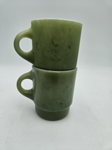 2 Vintage Fire King Anchor Hocking Stacking Glass Green Coffee Mug Cups - Picture 4 of 4