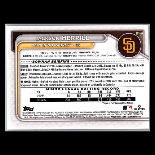 2024 Bowman - #BP-145 Jackson Merrill Prospect - San Diego Padres - Bild 2 von 2