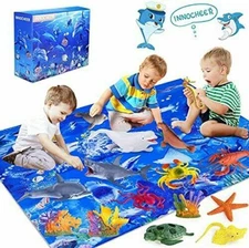 Ocean Animals Toys, 18 Pack Realistic Sea Animal Figurines with Play Mat