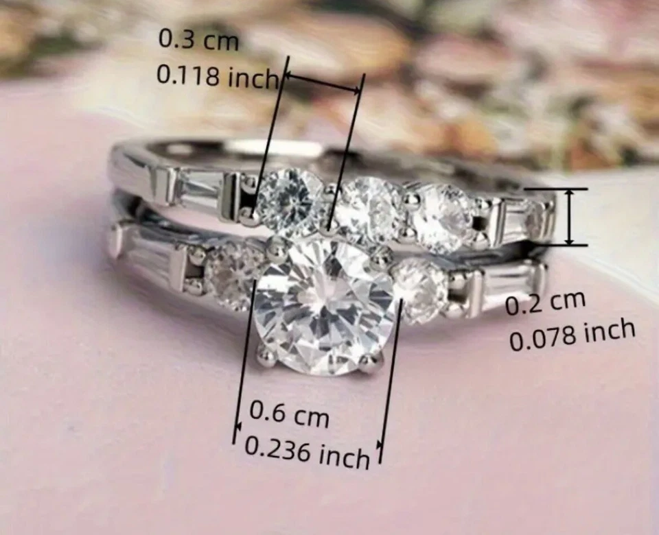 Precioso conjunto de compromiso de boda anillo de diamantes de circonita cúbica creado en laboratorio talla 9 Foto 4 de 4