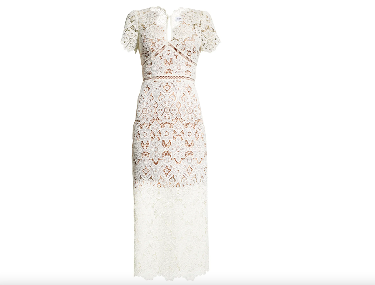 self portrait ivory floral guipure midi dress Self-Portrait Cream Floral Guipure V-Neck Midi Dress