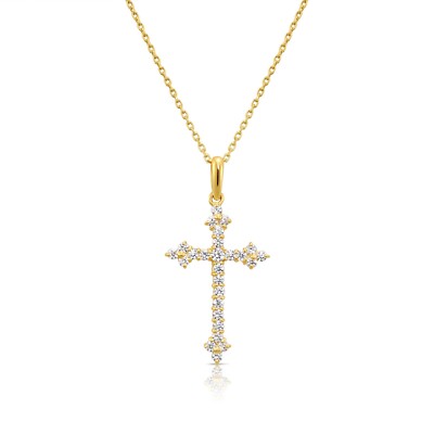 14K Real Solid Yellow Gold Dainty Pave Cross CZ Pendant Charm Necklace 18 in