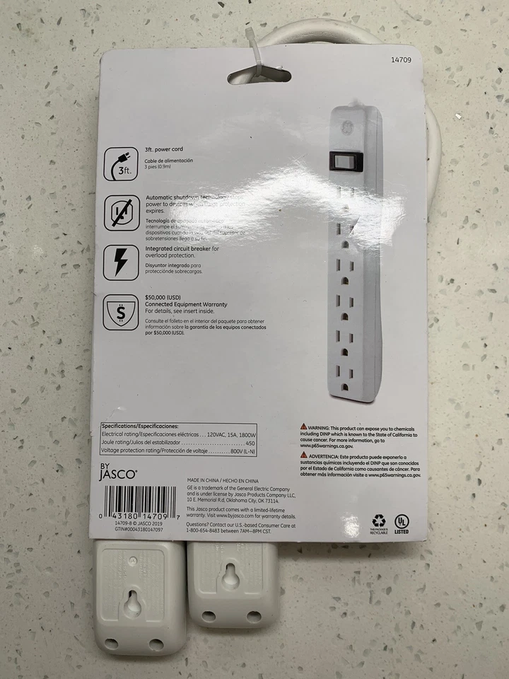 GE 6 Outlet Surge Protector 3ft. 450J White 2 Pack BRAND NEW - Image 2 of 2
