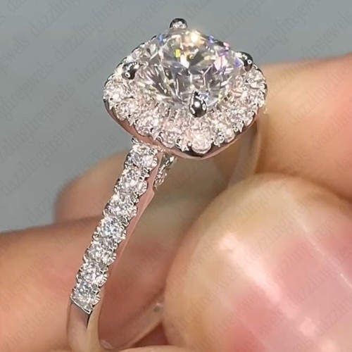 1.84 TCW Cushion Cut Moissanite Halo Engagement Ring In 14k White Gold Plated - Picture 5 of 10