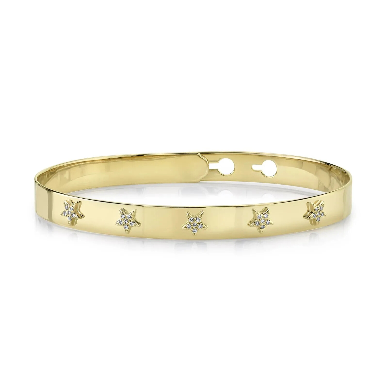 Diamond Star Bangle 14K Yellow Gold Bracelet Latch Lock Adjustable 0.07CT Pave
