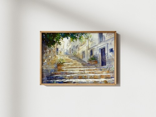 Sunlit Stone Steps 5"x7" Print on Matte Paper | Charming Mediterranean Artwork - Picture 4 of 17