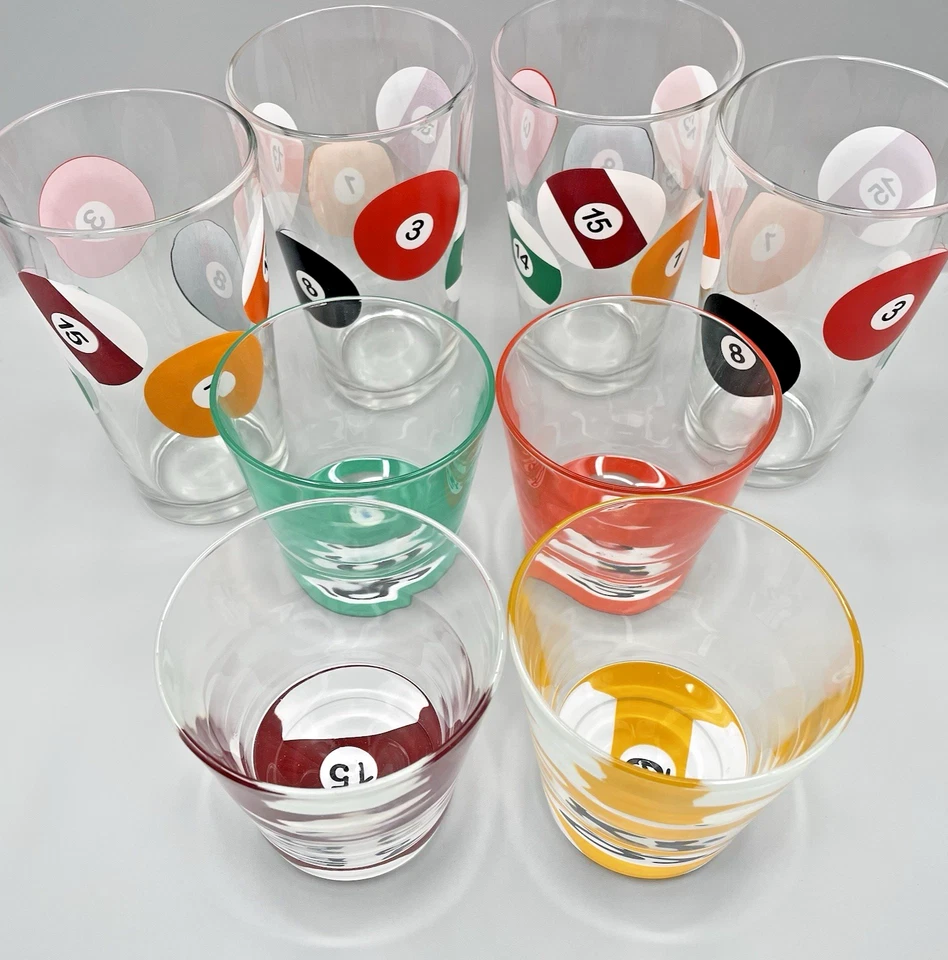 Juego de 8 vasos de bola de billar para bar pinta y rocas retro sala de juegos de colección Foto 2 de 4
