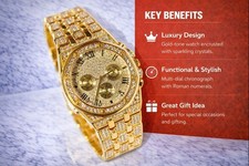 Luxury Gold Plated Triple Dial Quartz Watch with Rhinestones for Men