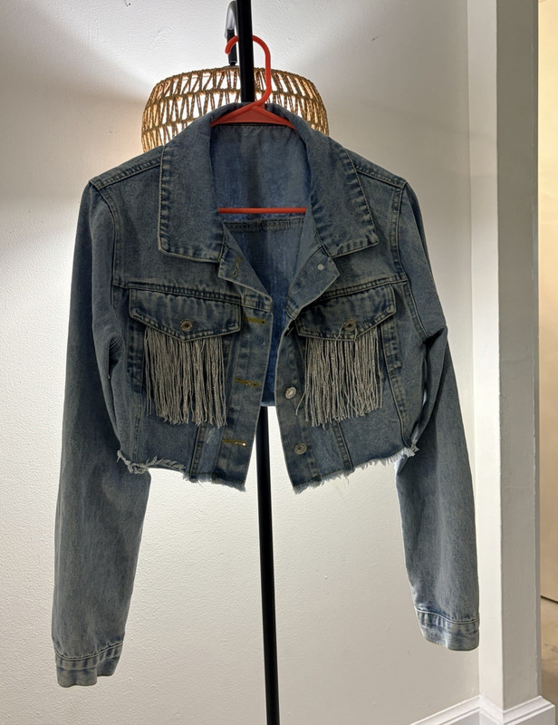 Women's Blue Cropped Fringe Button Pockets Jacket Size M