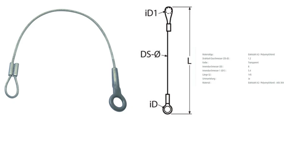 MGVERKAUF Sicherungsseil 145 mm mit Öse und Schlaufe Edelstahl Drahtseil