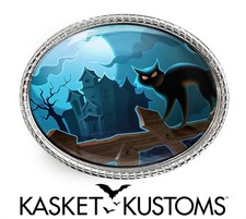 Black Cat Belt Buckle - SHINY SILVER Haunted Halloween Buckle - 115