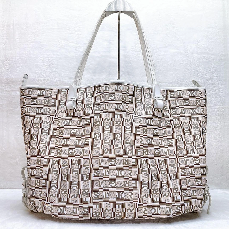 Bolso de Mano Salvatore Ferragamo Cuero PVC Auténtico Marrón Blanco Mujer Italia 126330 Foto 2 de 4