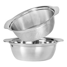 2er Set Sieb und Schüssel Küchensieb Abtropfsieb Edelstahl 18/10 mit Griff
