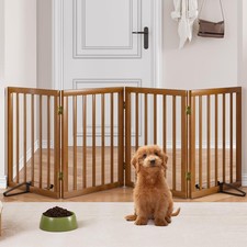 Freestanding Pet Gate Foldable 4 Panel Dog Gate Walnut Dog Gates for Stair Do...