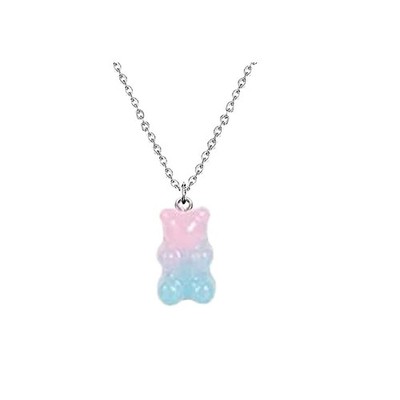 Mix Multi-color Resin Gummy Bear Pendant Necklace Stainless Steel Chain (pink &