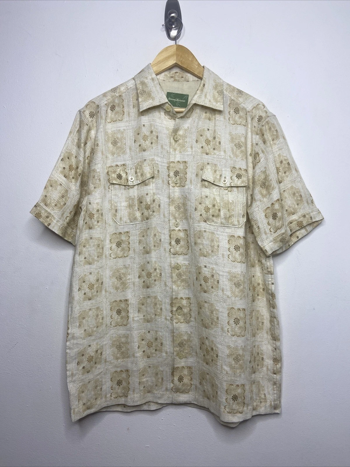 Tommy Bahama Men M Linen Floral Ivory Beige Short Sleeve Shirt