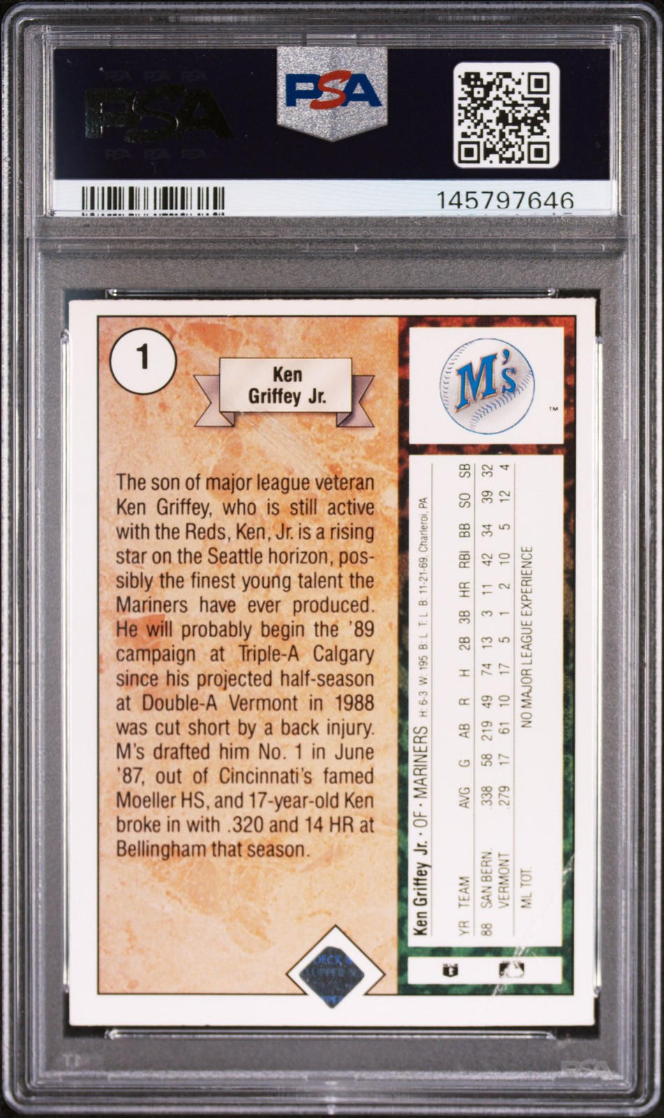 1989 UD STAR ROOKIE #1 KEN GRIFFEY JR. ROOKIE RC PSA 1 view 2