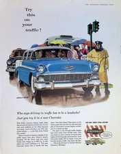 Original 1956 Chevrolet Ad: Blue Bel Air Sedan Rainy Day City Traffic Bus Stop c