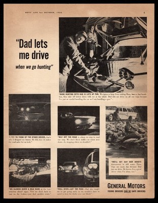 1958 General Motors Dad Lets Me Drive When We Go Hunting Young Drivers Print Ad
