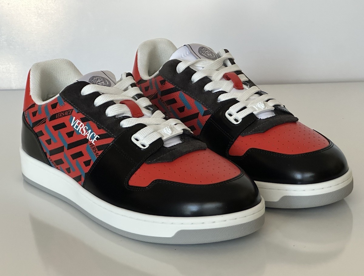 Versace Greca Men's Leather Black/Orange Red Sneakers 12 US (45