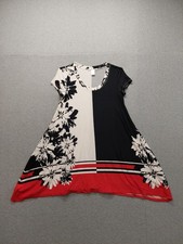 Masseys Women Dress M Black White Floral Asymmetrical Hem Short Sleeve Mini